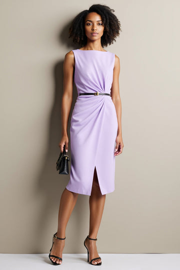 Robe de travail fourreau froncé violet avec ceinture